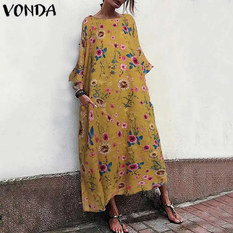 Женское длинное платье VONDA винтажное повседневное праздничное с круглым вырезом