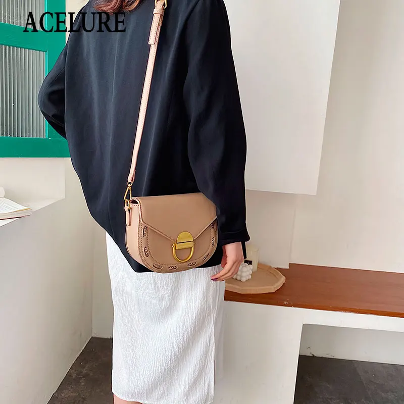 

ACELURE All-match Fashion Solid Color Small Shoulder Messenger Bags for Women Soft PU Leather Saddle Bag Ladies Shopping Purse