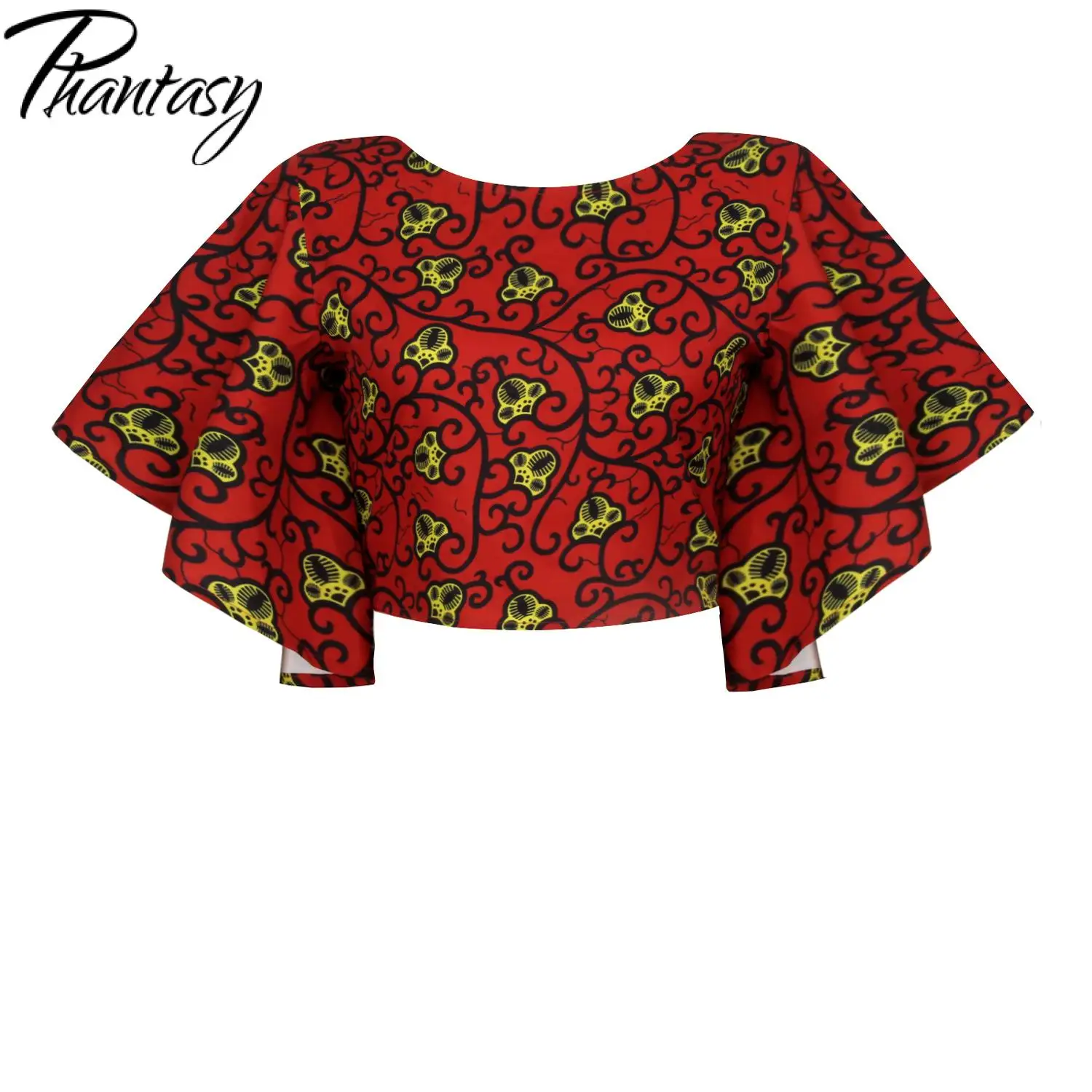

Phantasy Fashion Printed Sexy Backless Shirt Butterfly Sleeve Side Zipper Super-Short Women's Clothing O-Neck Loose Casual Tops