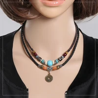 2 layers leather rope necklace vintage necklace ancient tribe man hemp leather bead choker charm wax rope faux leather