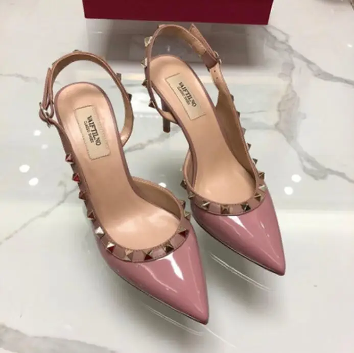 Классические Брендовые женские босоножки на высоком тонком каблуке 6 см из черной лакированной кожи с заклепками, красные свадебные туфли 34-43 коробка - Цвет: light purple shiny