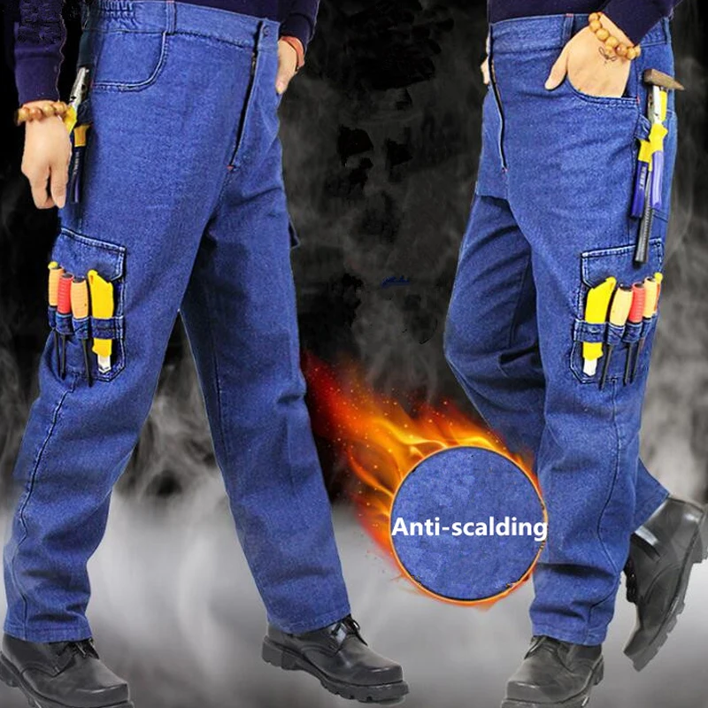 Men Work Jeans Denim Tool Working Trouser Anti-scalding Wear-resistant Thicken Multi-pockets Loose Electric Welding Pants | Безопасность