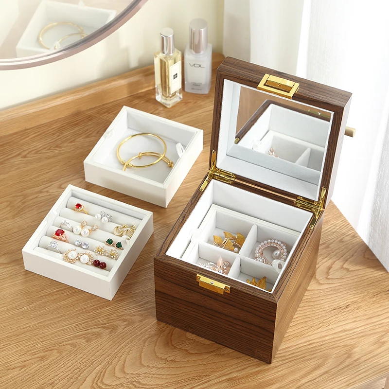 Casegrace Luxury Wooden Jewelry Box Organizer 3-Layers Girls Earring Rings Necklace Jewellery Storage Case Gift Display Casket