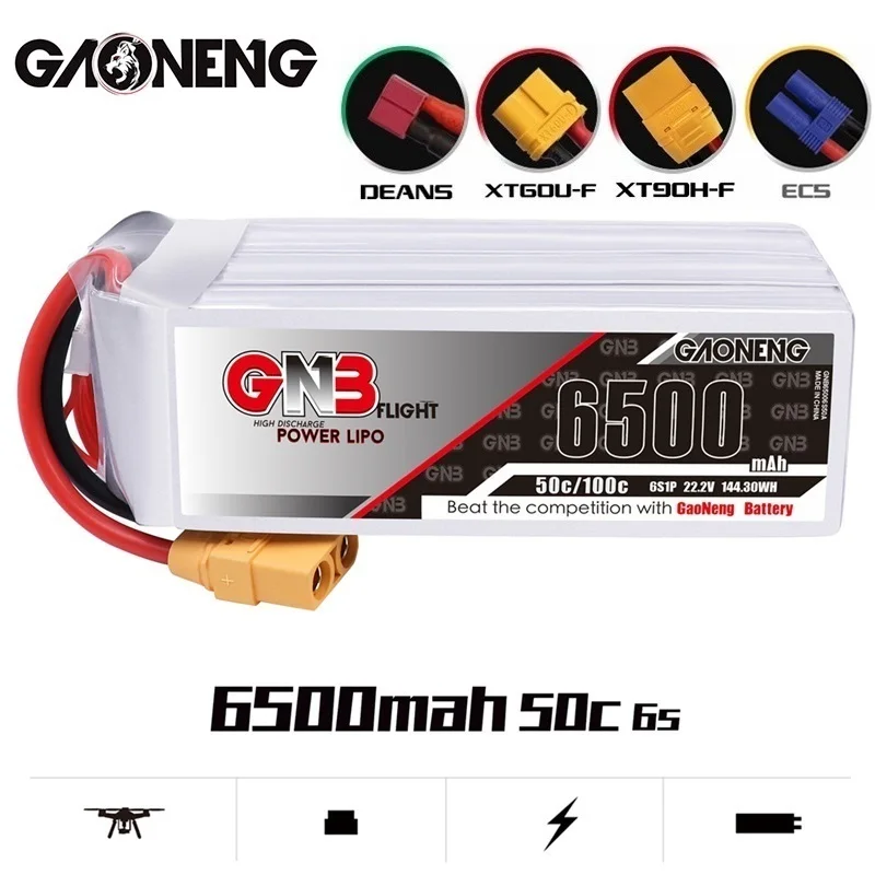 

Original Gaoneng GNB 6500mAh 6S 22.2V 50C/100C Lipo Battery With EC5 XT60 XT90 Plug for RC Helicopter Airplane RC Car Boat Parts