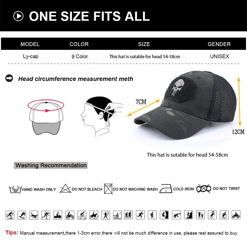 

Skull Tactical Military Airsoft Cap Adjustable Breathable Sun Visor Trucker Hat Mesh Hunting Hiking Baseball Skeleton Snapback