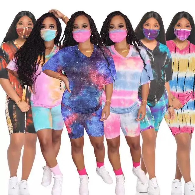 

Women's casual two-piece suit fashion personality commuter tie-dye V-neck home wear sports shorts suit (without mask)