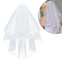 simple and elegent wedding veil bridal tulle veils with comb and lace ribbon edge white and beige