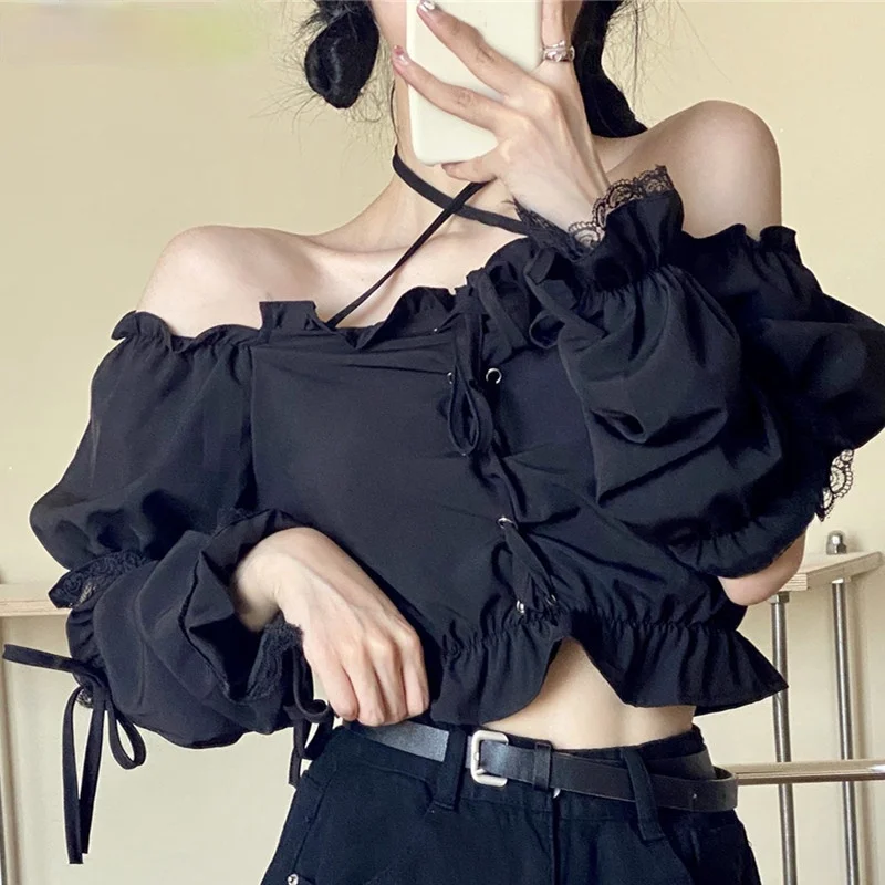 

2021 Sexy Short Bandage Women Blouses Slash Neck Strapless Shirt Spring Summer New Puff Sleeve Blusas Feminimo