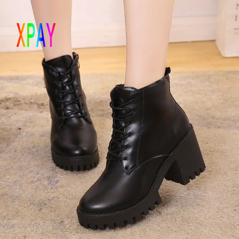 

2021 Winter New Female Short Boots British Style Waterproof Zipper Lace Round Head Rain Boots Platform Woman Boots Martin Boots