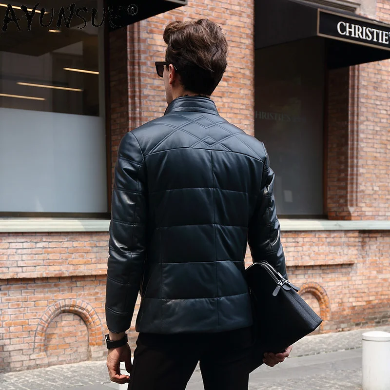 Куртка мужская из натуральной кожи пуховик с воротником меха норки и овчины