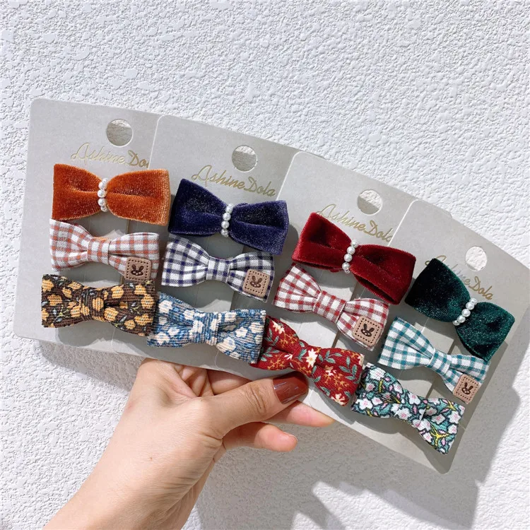 

New 3Pcs Suit Autumn and Winter Plaid Bow Hairpin Hair Tie Children's Knitted Wool Flower BB Clip Little Girl Cartoon Side Clip