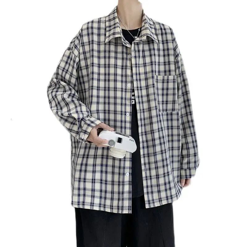 

Spring Cotton Plaid Shirt Men's Fashion Hit Color Retro Casual Shirt Men Streetwear Korean Loose Long-sleeved Shirts Mens M-2XL