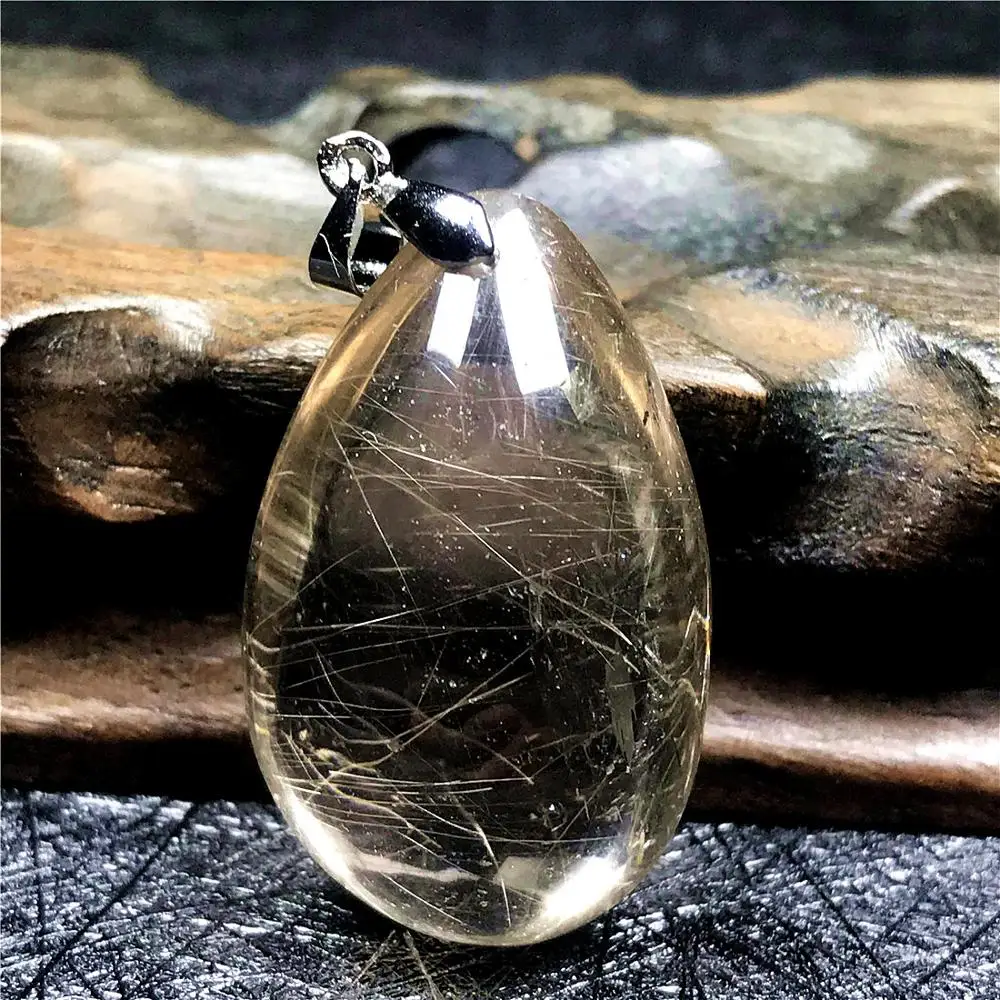 

Natural Gold Rutilated Necklace Pendant Jewelry For Woman Lady Man Gift Quartz 35x21x16mm Beads Gemstone Silver Crystal AAAAA