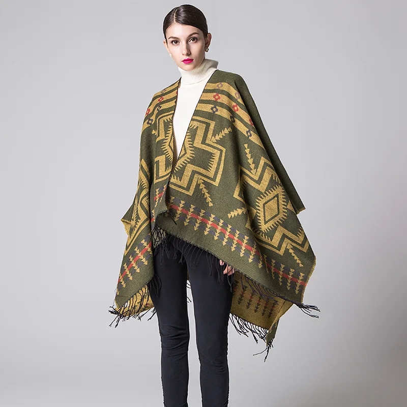 

winter National Wind Fork Poncho and Cape women scarf Warm cloak shawl imitation cashmere Pashmina ladies tassel Wraps mujer