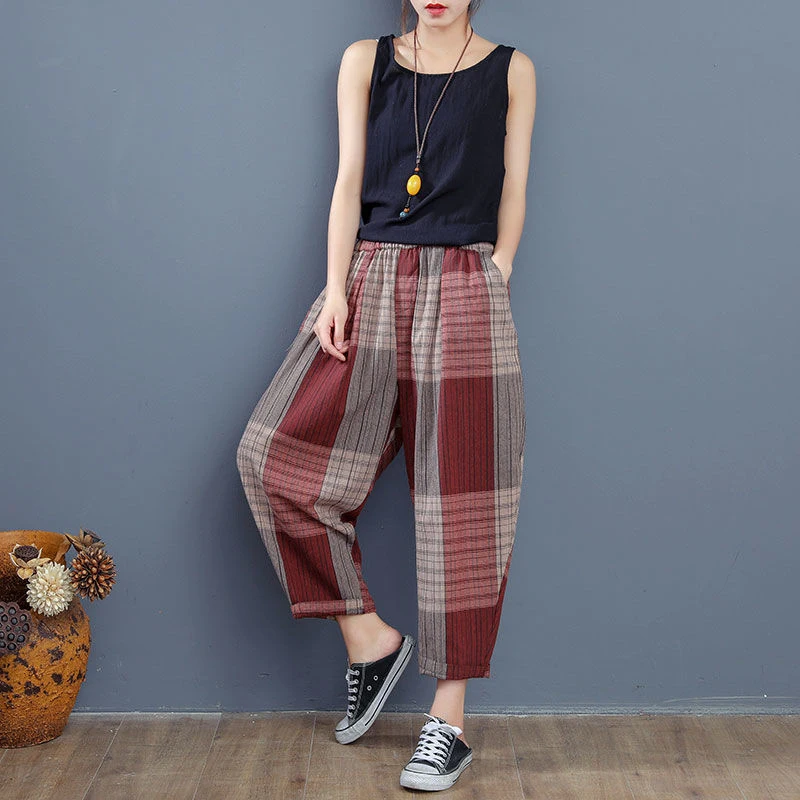 Брюки-султанки женские в клетку хлопково-льняные винтажные свободные штаны с