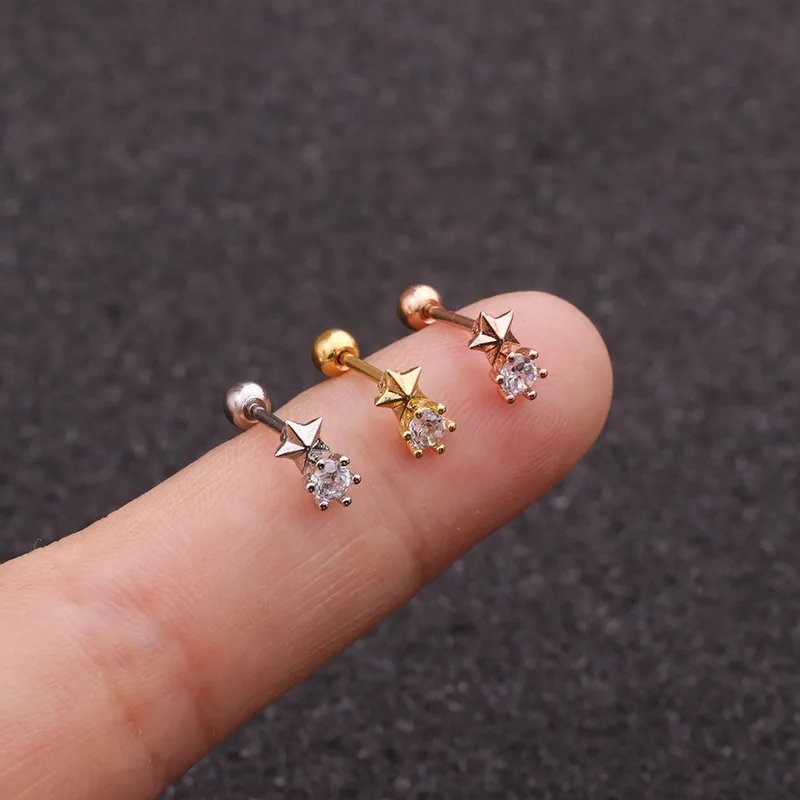 Sellsets 1pc 20G Stainless Steel Helix Piercing Jewelry Cz Moon And Star Cartilage Earring Ear Tragus Conch Rook Screw Back Stud