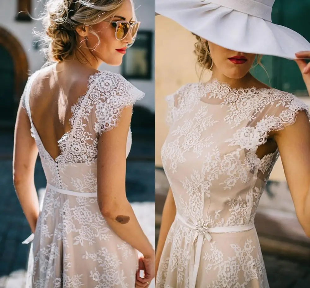 

Hot Sale Vintage Champagne Lace Bohemian Wedding Dress A Line Cap Sleeve Sexy Backless Bridal Gown Vestidos de Novia 2020