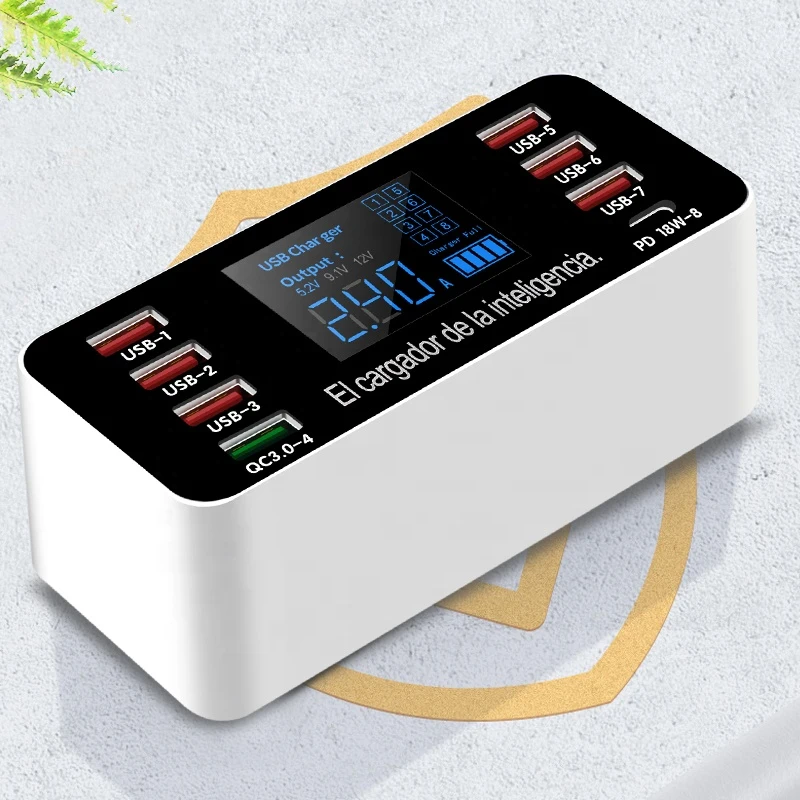 

60w Portable Quick Charge Qc3.0 8 Usb Smart Fast Charger Station With Lcd Digital Display For Iphone 12 Samsung Huawei