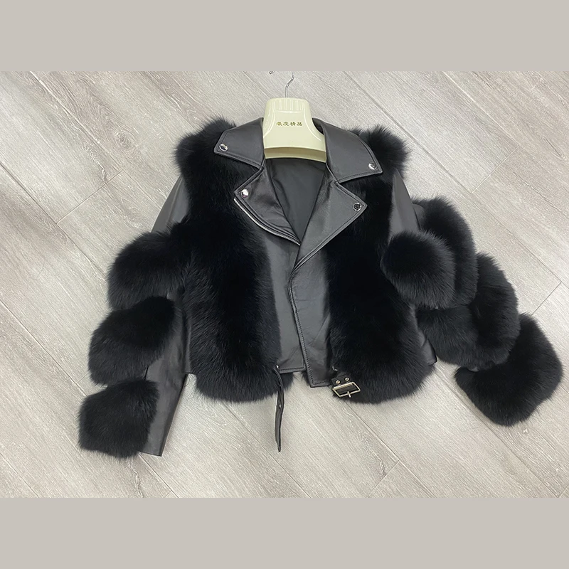 2020 Winter Hot Sale 100% Genuine Fox Fur Leathe Jackets Sheepskin Coat Fashion Women Thick Fox Fur Locomotive Jacket