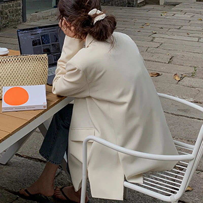 

Solid Textured Suits Jacket Women'S Korean Simple Loose Long-Sleeved Suit Woman Single Button Pocket Temperament Suit Lady 2021