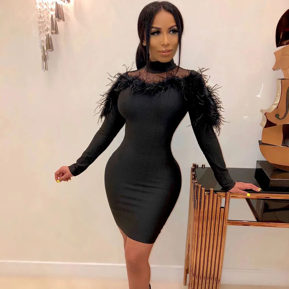 

Feather Mesh Patchwork Sexy Bodycon Dress Women Long Sleeve Black Bandage Dress Elegant Birthday Party Mini Cocktail Dress Robe