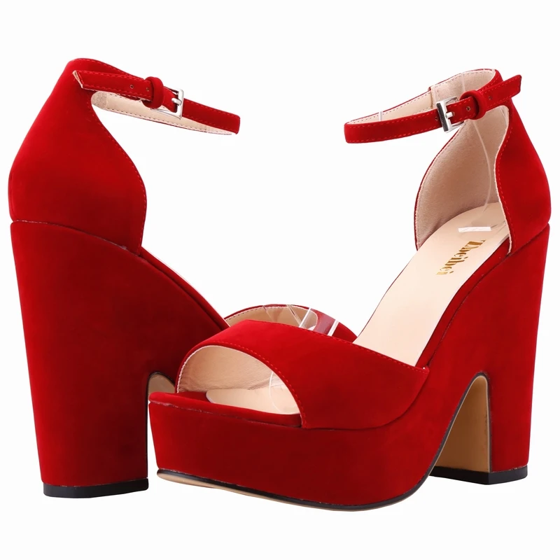 

Summer Ankle Strap Women Pumps Sexy Peep Toe Square High Heels Woman Shoes Flock Platform Wedding 978-1VE