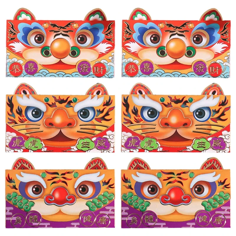 

J2FB 6 шт. 2022 китайские красные конверты HongBao Подарочная сумка с мультяшным тигром счастливые карманы для денег на новый год