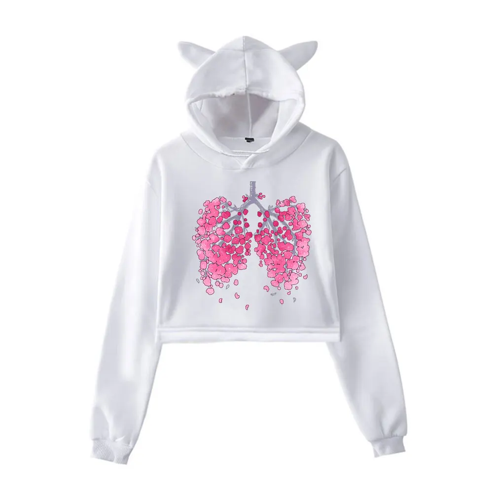 

New Japanese cherry blossoms Harajuku Cat Ears Hip Hop Loose Women Hoodie Kawaii Short Sweatshirt Show body Streetwear Clothes