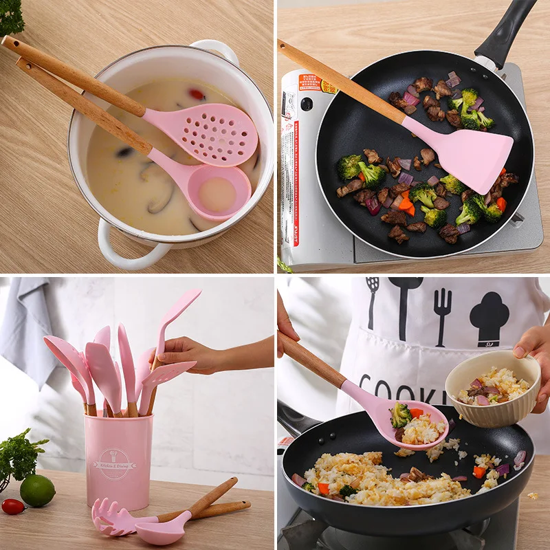 Pink Cute Kitchen Cookware Silicone Kitchenware Non Stick Cooking Pot Sets Spatula Ladle Egg Beaters Shovel Kitchen Accessories