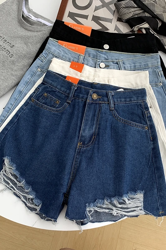 

Loose All-match Slim Shorts, High Waist, Zipper, Worn Out, Irregular Holes, Hot Pants, Denim, Slim, Wide-legged Summer Women