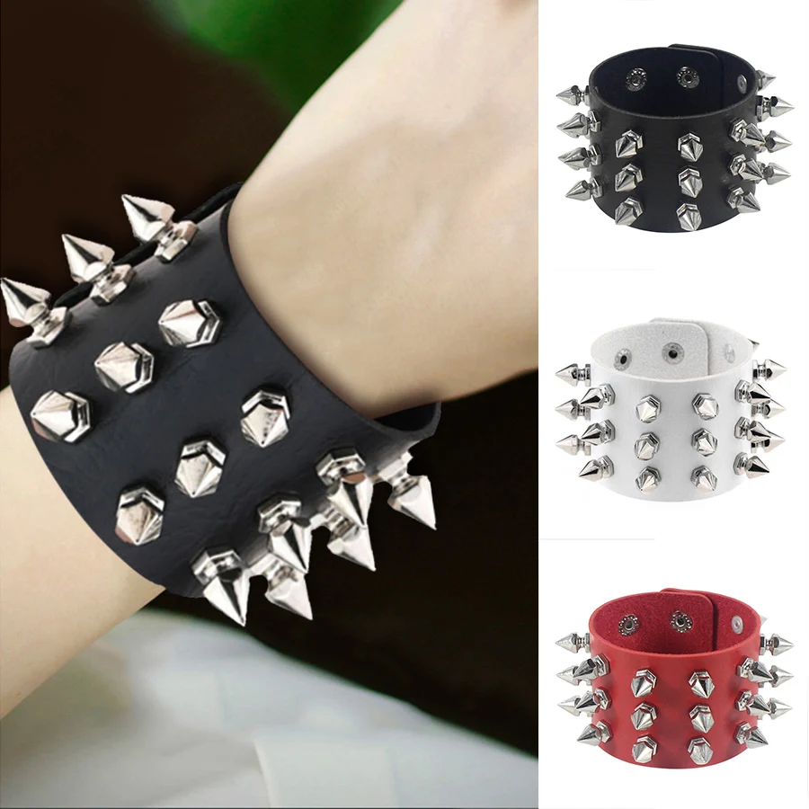

Punk Gothic Rock Cuspidal Spikes Rivet Cone Stud Wide Leather Cuff Bracelet Wristbands Charm Cross Bangle Fashion Unisex Jewelry