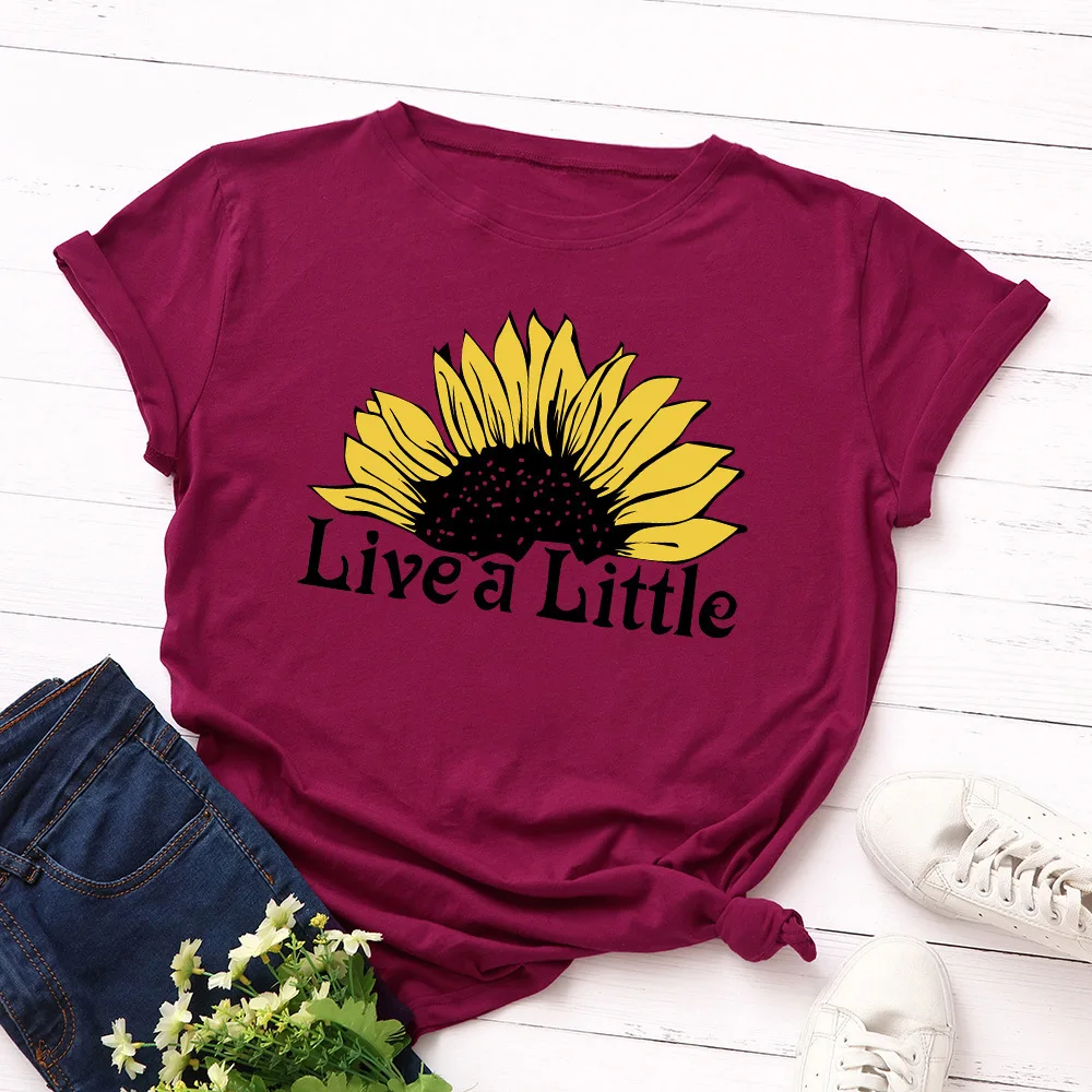 

Live A Little Sunflower Print T Shirt Women Short Sleeve O Neck Loose Tshirt Summer Women Tee Shirt Tops Camisetas Mujer