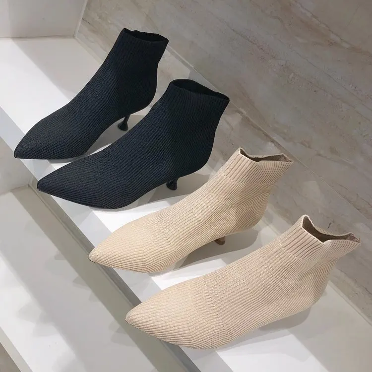 Бежевые черные вязаные эластичные ботильоны женские носки женская зимняя обувь