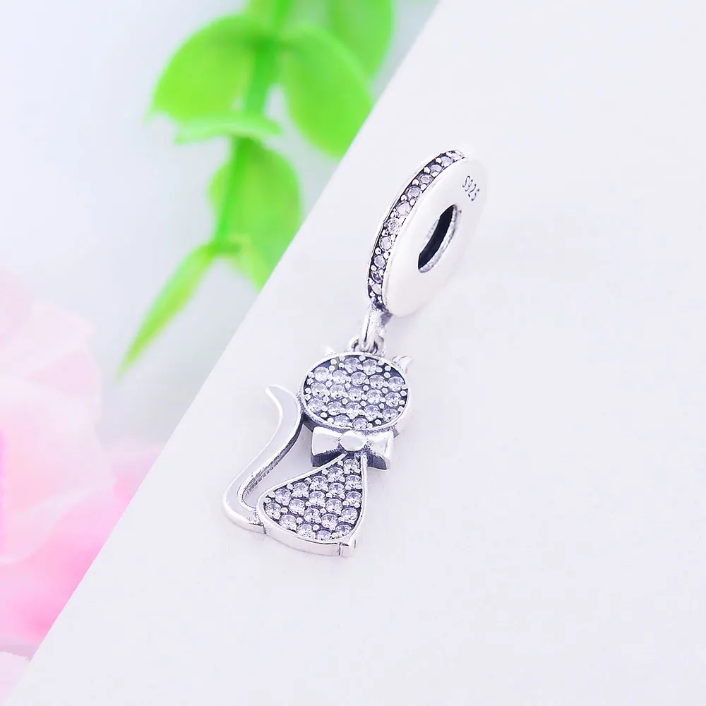 925 стерлингового серебра милое животное кошка очарование бисера с прозрачными