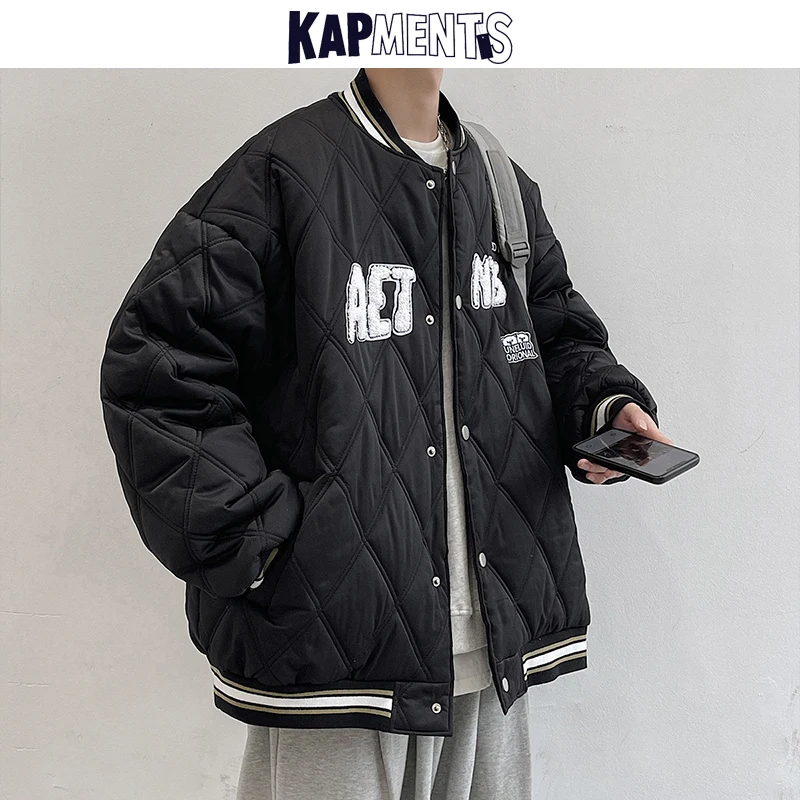 

KAPMENTS Men Letter Graphic Winter Baseball Jacket 2022 Mens Cotton Thick Couple Puffer Jacket Man Oversized Casual Parkas Coats
