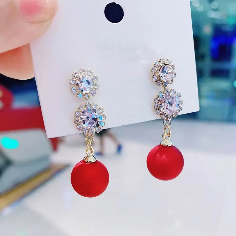 

Shinning Zircon Red White Pearl Drop Earrings For Women 2020 New Korean Style Temperament Jewelry Brincos Wholesale