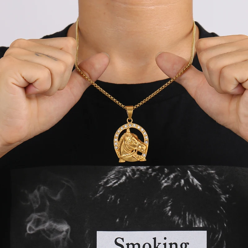 

HIP Hop Gold Color Stainless Steel Bling Iced Out Rope Chain Horse Pendants & Necklaces for Men Jewelry