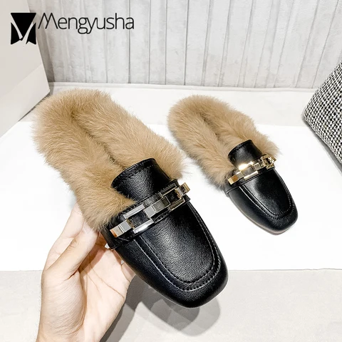 Women black leather fur mules - купить недорого | AliExpress