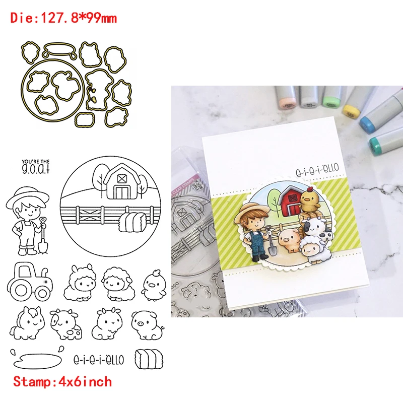 

Farm Theme Small Animals Farmer House Metal Cutting Dies with Transparent Clear Stamps for Diy Scrapbooking Album Paper Cards
