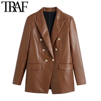 traf women fashion with buttoned faux leather blazer coat vintage long sleeve flap pockets female veste femme