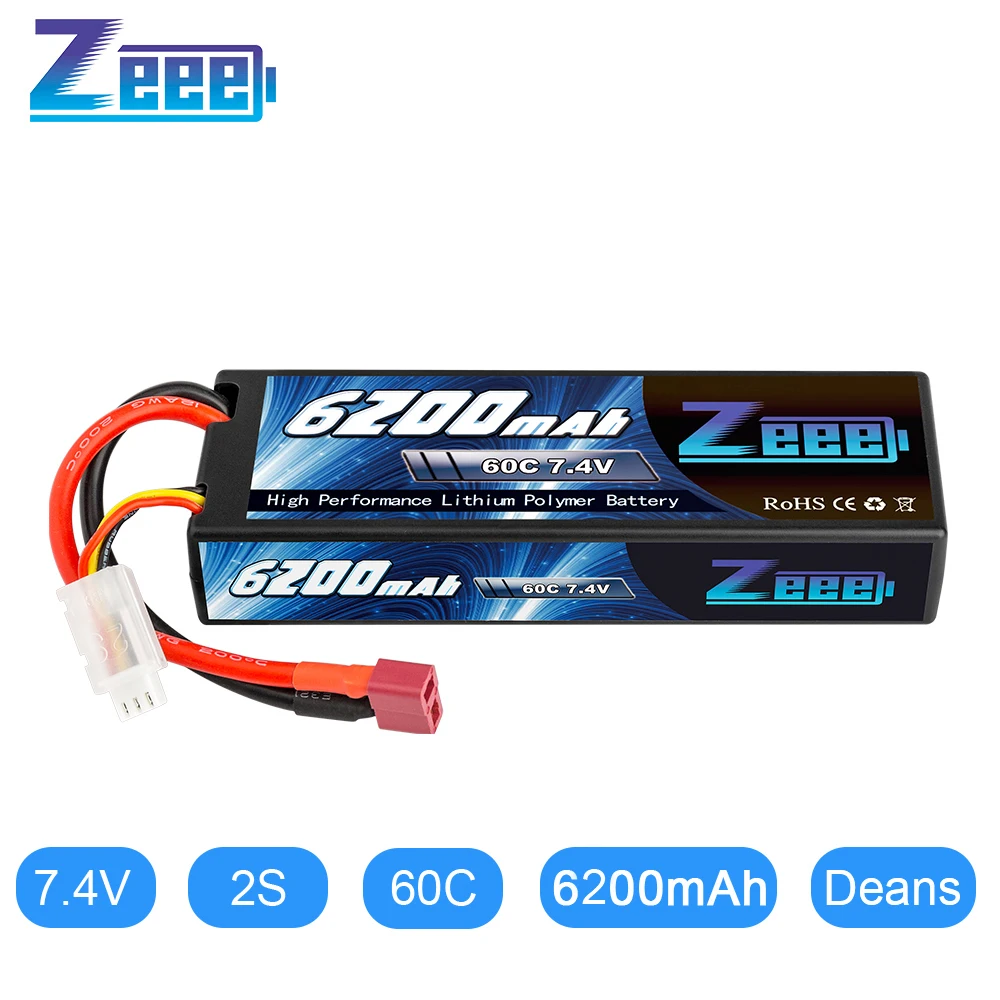 Zeee 7.4V 60C 6200mAh 2S Lipo Battery Hardcase with Deans Connector 2S RC Lipo Battery for RC Vehicles Car Truck Truggy Boat