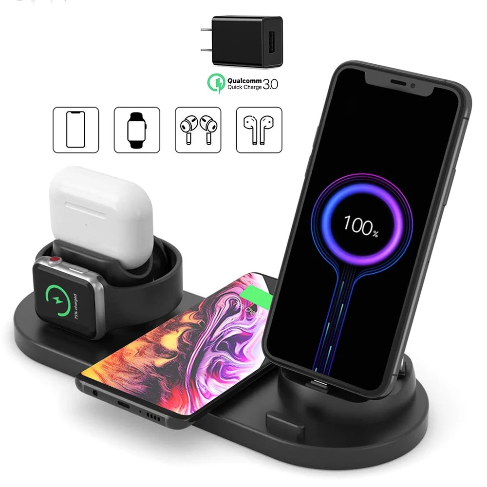 Беспроводное зарядное устройство 6 в 1 подставка для iPhone 11 Pro Xs Max X 10 Вт быстрая