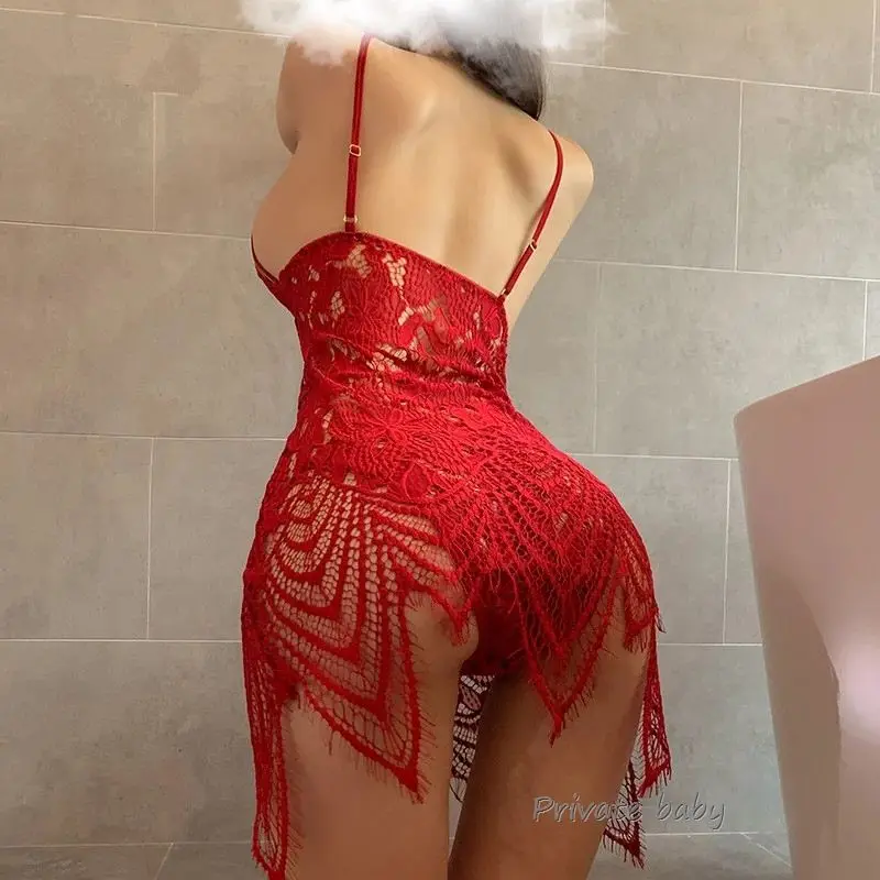 

2021 Women Sexy Nightwear Red Black Lace Nightgown Hot Transparent Sleepwear Erotic Fascinated Sexy Lingerie Robe With G-String
