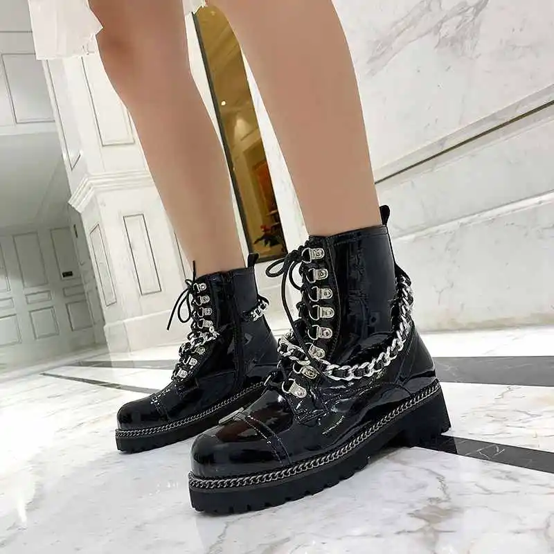 

Lenkisen winter women motorcycles boots genuine leather rivets metal chains med heels round toe warm lace up ankle boots L01