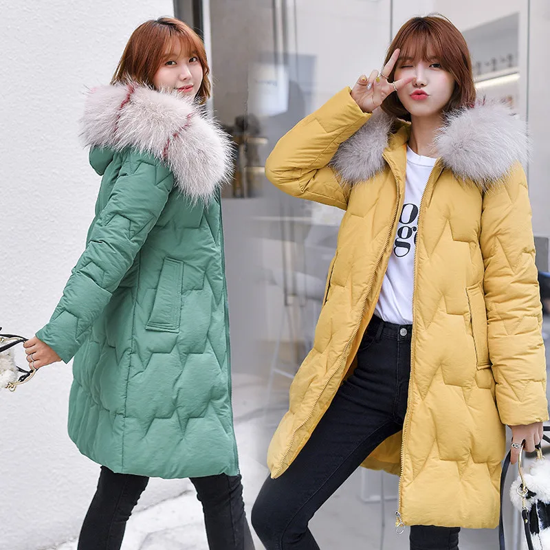 Женская Стеганая куртка с капюшоном длинная теплая парка большим меховым