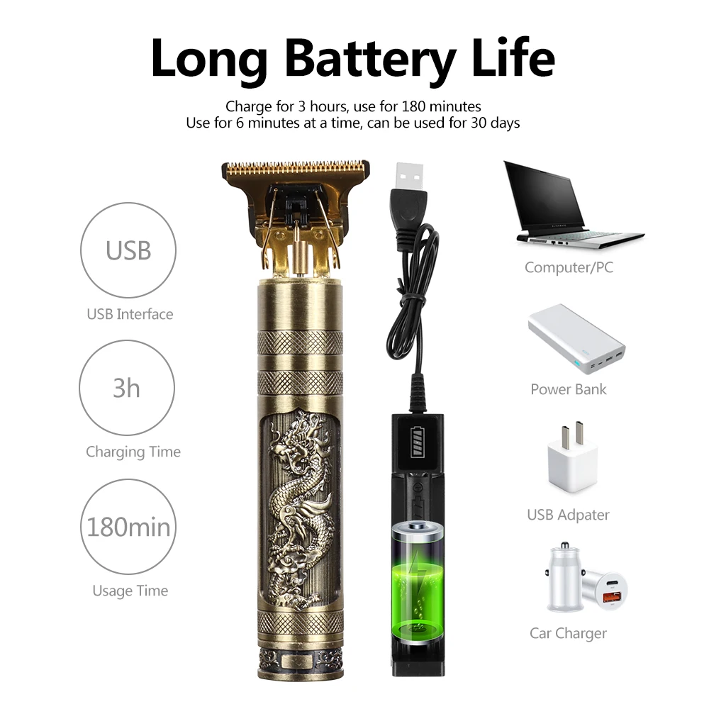 

T Bald Head Hair Clipper Trimmer For Men Rechargeable Mower T-Outliner Barber Shaving Machine Vintage Haircut Cutter Cordless