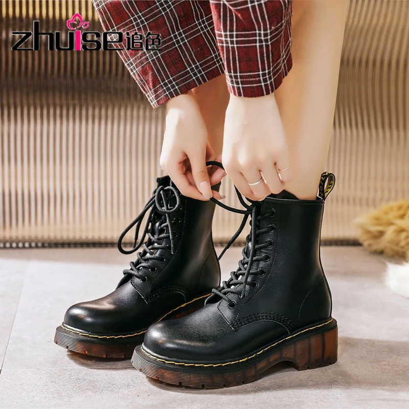 

Зимние кожаные ботинки, женские ботинки на платформе, на шнуровке, на молнии, женские плюшевые ботинки, увеличивающие рост, женские черные б...