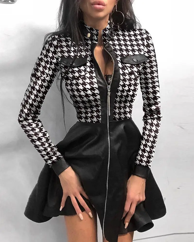 

Houndstooth Print Zipper Pockets Design PU Dress