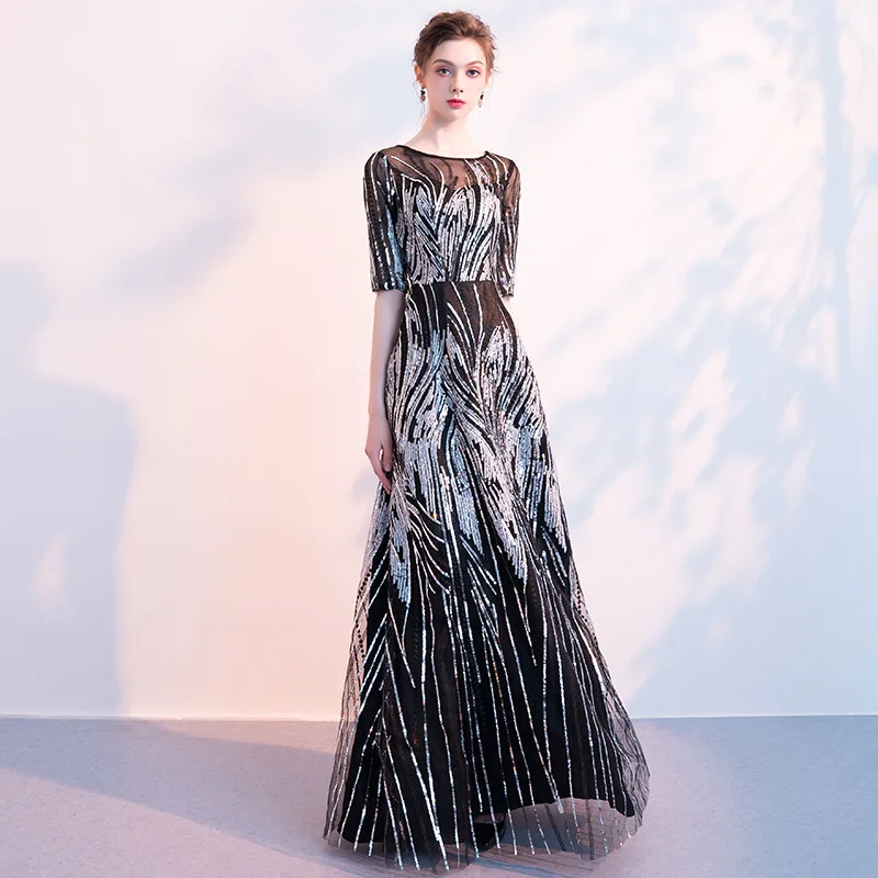 

Elegant Black Full Length Evening Party Gown Exquisite Bling Sequins Formal Party Dress Lady Qipao Half Sleeve Mesh Maxi Dress