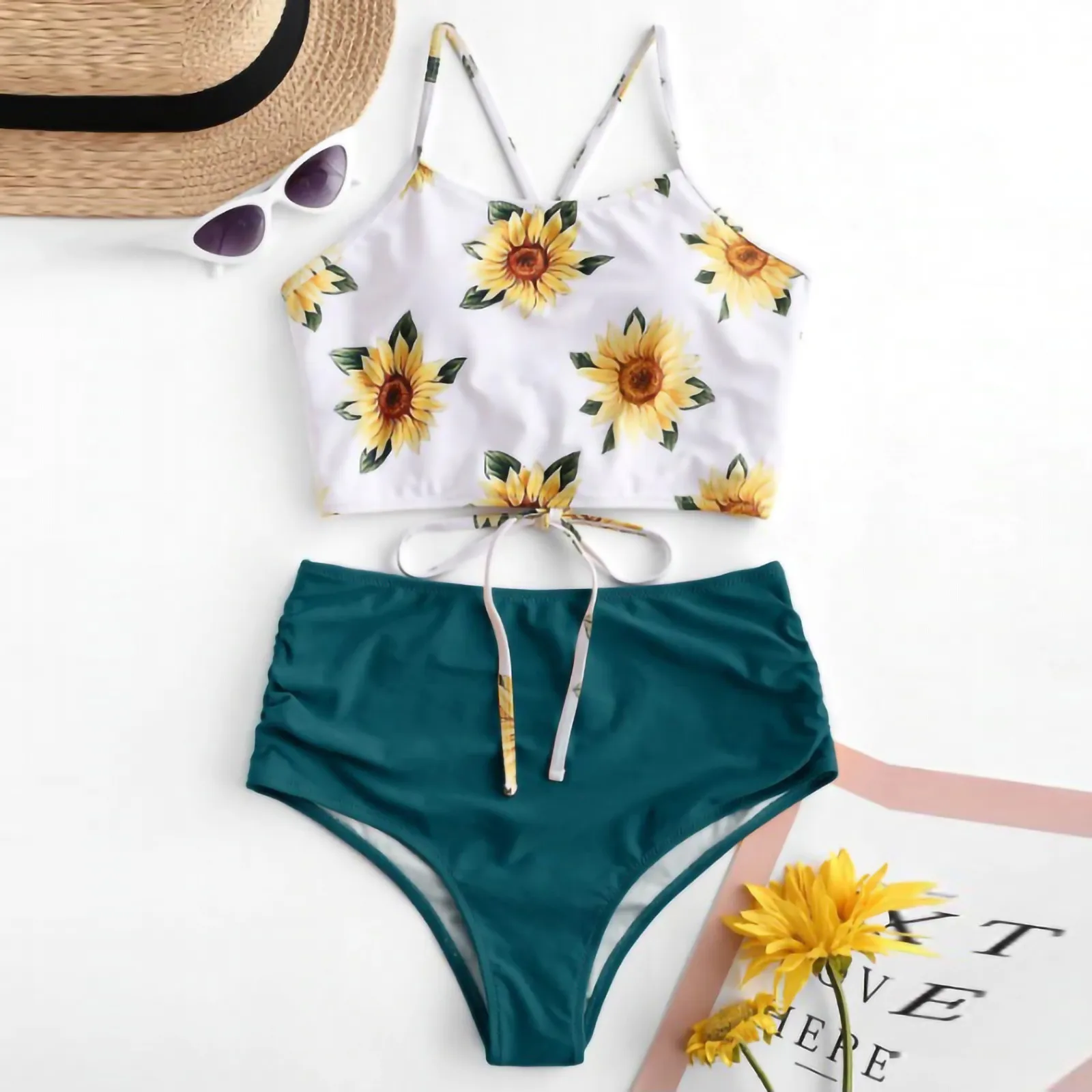 Купальник женский с высокой талией классический бандажный бикини однотонный